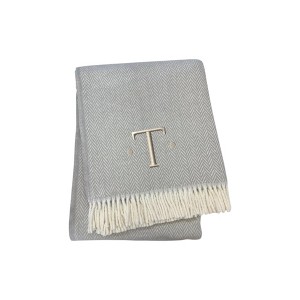 HomeRoots 55" X 70" Gray And White Herringbone Cotton Blend T Initial Throw Blanket with Tassels And Embroidery - 1 of 4