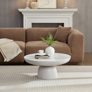 Gray Round Fiberglass Coffee Table with Wood Veneer Top and Metal Base, Luxury Center Table with Open Storage for Living Room or Lounge-Koiai - 1 of 4