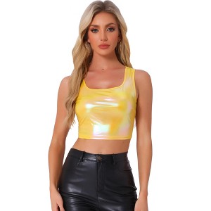 INSPIRE CHIC Women's U Neck Sleeveless Party Clubwear Shiny Metallic Crop Tank Tops - 1 of 4