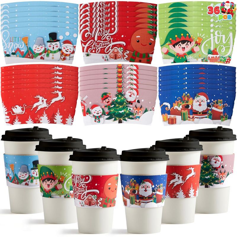 JOYIN 36 PCS Christmas Coffee Cup Sleeves, 6 Designs Disposable Xmas Tea Cup, 2 of 7