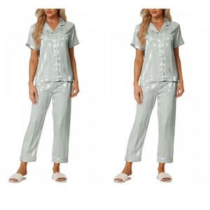 INSPIRE CHIC Women's 4 Pcs Satin Short-Sleeve Button-Up Sleepwear & Long-Pants Pajama Set - 1 of 4