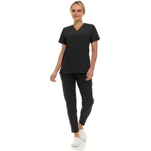Saint Scrubs Womens 9-Pocket Medical Uniform Set- V-Neck Stretch Top with Tapered Straight Leg Pants - 1 of 4