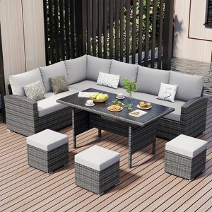 Acekool 7-Piece Outdoor Patio Furniture Set with Grey PE Rattan, Cushions & Glass Table for Porch, Balcony & Backyard - 1 of 4