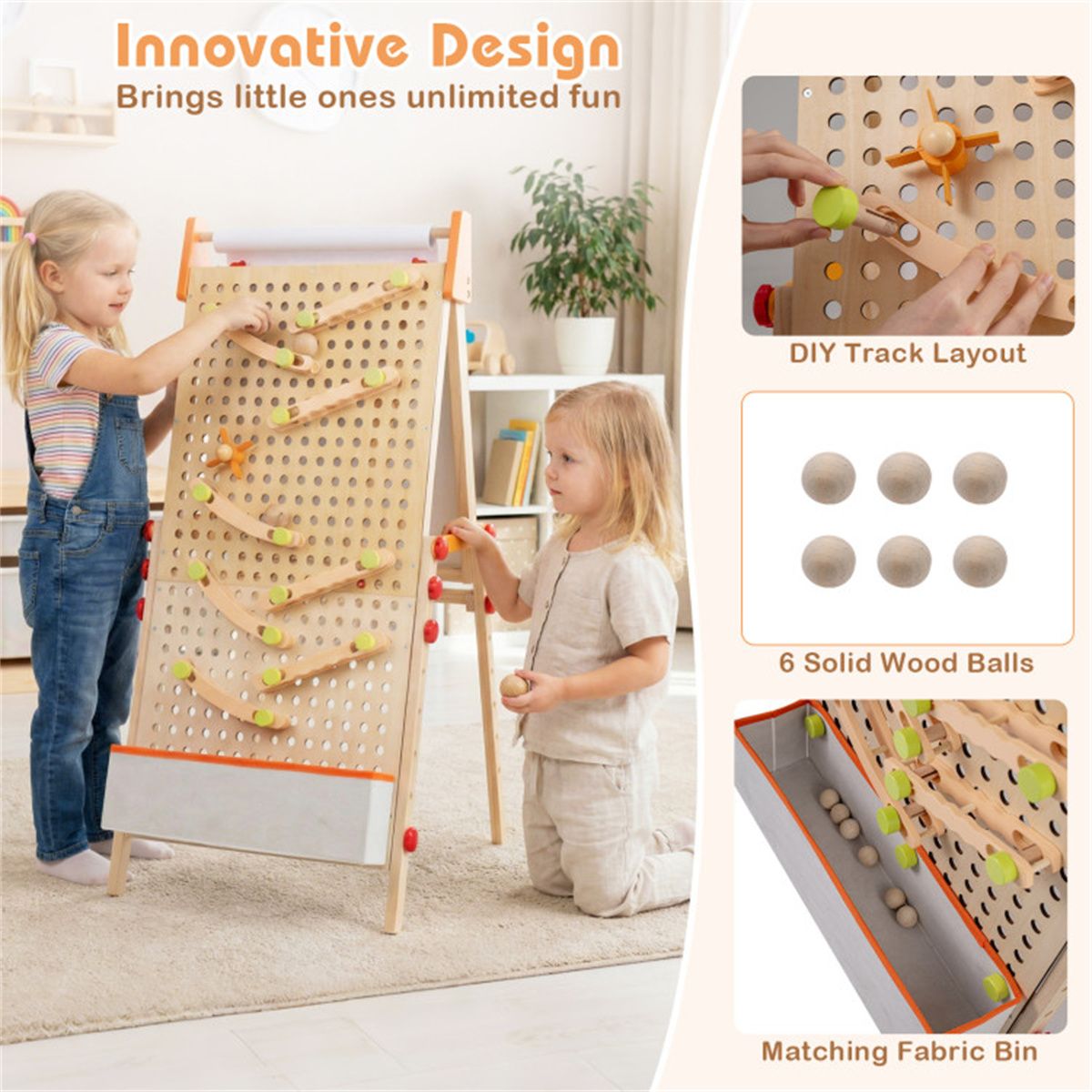 4-in-1 Kids Art Easel with Marble Run, Adjustable Height Double-Sided Drawing Easel with Paper Roll and Storage Tray for Kids 3+ - thumbnail 3