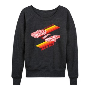 Women's - Hot Wheels - Valentine's You Make My Heart Race Lightweight French Terry Wide Neck Long Sleeve Shirt - 1 of 4