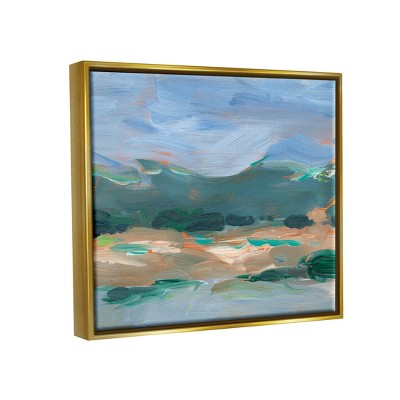 Abstract Landscape Blue and Green Canvas Art with Gold Frame, 17" x 21"