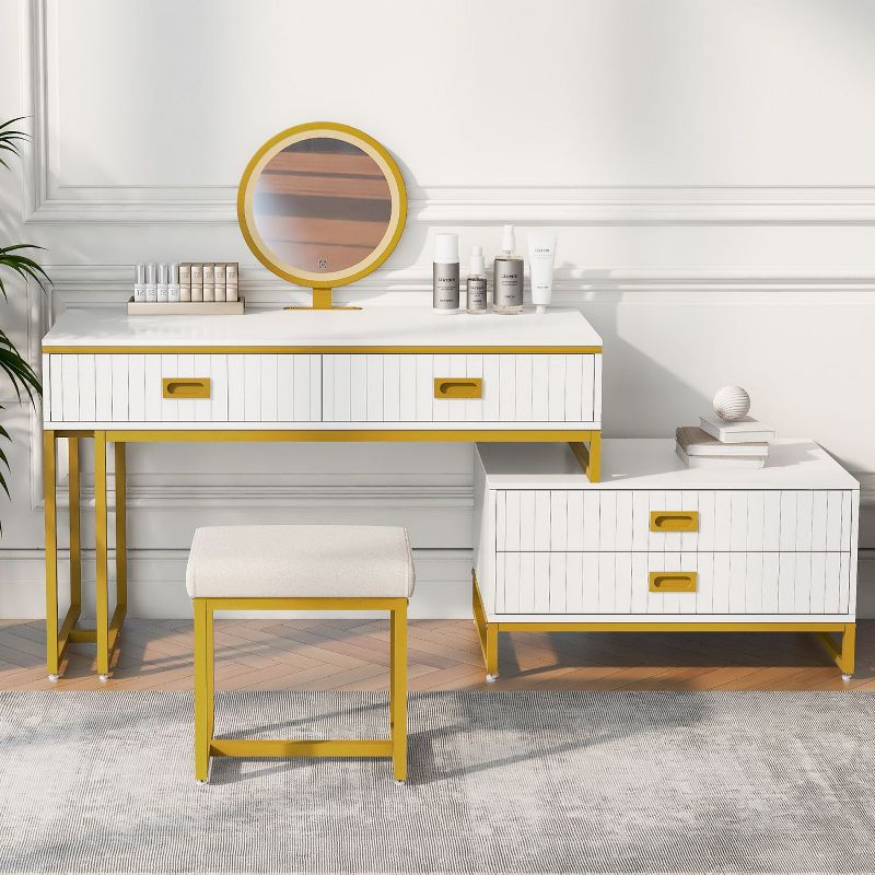 Modern Style Vanity Table With Movable Side Cabinet And 4-Drawers,Large Size Dressing Table With Mirror and 3-colors LED Light,Makeup Table With Stool, 1 of 9