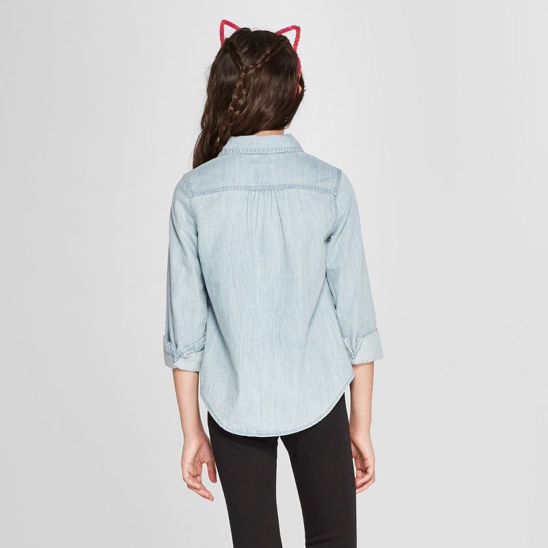 Girls' Long Sleeve Denim Button-Down Shirt - Cat & Jack&#8482; Light Wash M, 2 of 4