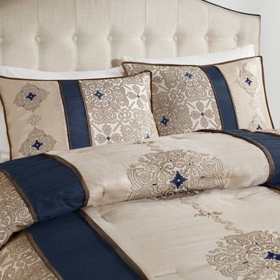 Navy and Taupe Jacquard Queen Comforter Set with Decorative Pillows
