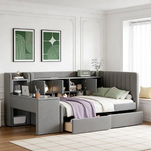 Luxystar Twin Size Upholstered Daybed with 2 Drawers, Shelves, 3 Flip Cabinets and Side Table - 1 of 4