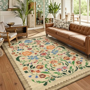 Modern Floral Printed Area Rugs Machine Washable Soft Non Slip Farmhouse Carpet Stain Resistant Low Pile Rug for Kitchen Living Room Laundry Bedroom - 1 of 4