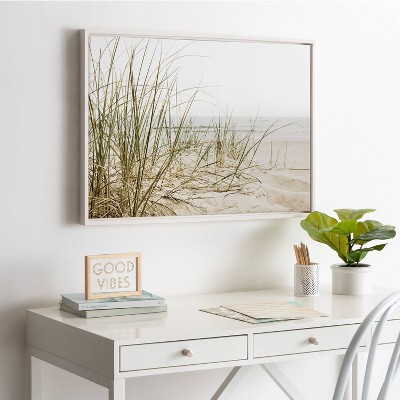 Calming Beach Grass Landscape Print on Canvas with White Frame