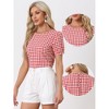 INSPIRE CHIC Women's Vintage Crew Neck Puff Sleeve Casual Plaid Gingham Blouse - 2 of 4