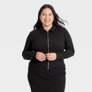 Women's Long Sleeve Brushed Ribbed Polo Zip-Up Jacket - A New Day™ - 1 of 3