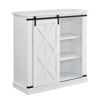 Festivo 37" White Wood Barn Door Buffet Bar Cabinet with Marble Pattern Top