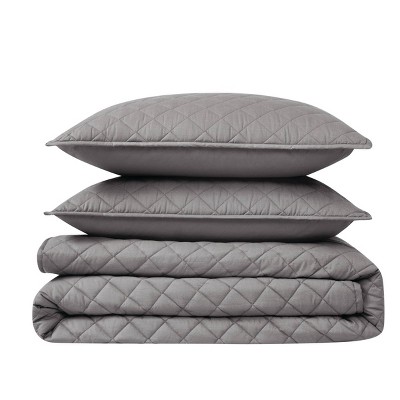Gray Cotton Diamond Stitch Quilt Set