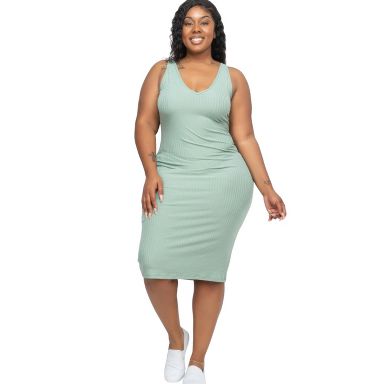 Slickblue Plus Size Sleeveless Ribbed Bodycon Midi Dress, Curve-Hugging Fit, Stretch Jersey, Green Bay, Size 3XL