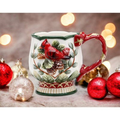 Holiday Red and Green Ceramic Cardinal Mugs Set of 4