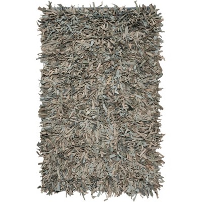 Grey and Beige Hand-Knotted Leather Shag Rug, 3' x 5'