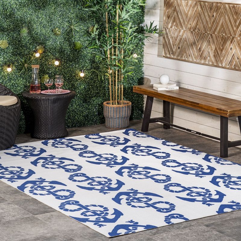 nuLOOM Rell Nautical Anchor Indoor and Outdoor Patio Area Rug 8x10, Blue, 3 of 11