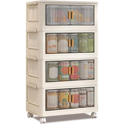 DobleePy 4-Layer Stackable Plastic Storage Boxes with Lids and Wheels, Foldable Storage Bins with Doors for Bedroom, Living Room, Office