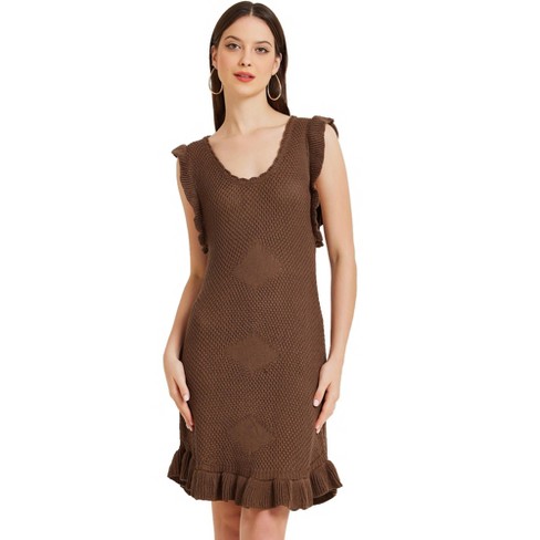 Allegra K Women's Casual Round Neck Midi Ruffled Knit Dress Coffee ...
