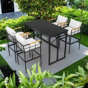 5-Piece Outdoor Iron Counter Height Dining Set with Table and 5 Acacia Wood Armrest Chair - 1 of 4