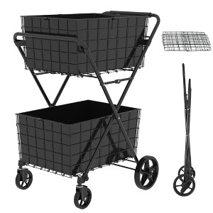 JANSNO Foldable Utility Shopping Cart with 2 Layers/Double Basket, 360° Swivel Wheels for Groceries & Laundry - 1 of 4