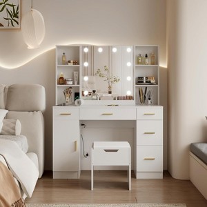 Vanity Desk with LED Mirror, 5 Sliding Drawers & 6 Open Shelves, 3 Color Lighting Modes with Adjustable Brightness, Dressing Table for Bedroom - 1 of 4