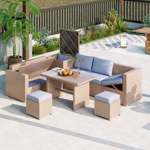 SKRAN Outdoor 6-Piece All Weather PE Rattan Sofa Set with Adjustable Seat, Storage Box, Removable Covers and Tempered Glass Top Table,Natural - 1 of 4