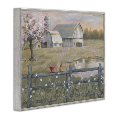 Blossoming Trees Birds Perched Farm Fence Canvas Print