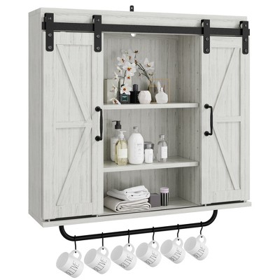 VYNXARIA Rustic Wood Wall Storage Cabinet with Sliding Barn Doors ¨C 3-Tier Vintage Gray Organizer for Kitchen, Dining, Bathroom & Living Room