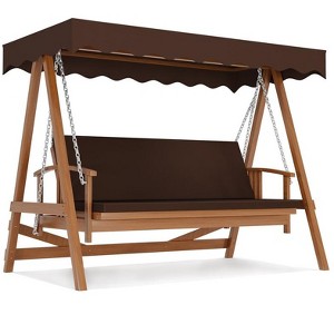 Wooden patio swing with adjustable canopy; 3-seater bench with removable cushion, ideal for backyard, garden, balcony, or poolside relaxation. - 1 of 4
