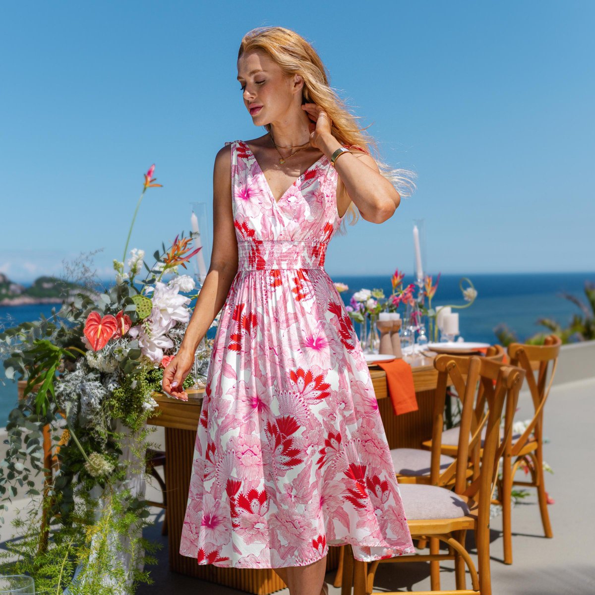 Женские платья Cupshe Women's Midi A-Line Dress with Floral Print for Weddings-L-Pink — фото 7