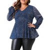 Agnes Orinda Women's Plus Size Glitter Sequin V-Neck Waist Pleat Lantern Sleeve Sparkly Peplum Blouse - 2 of 4