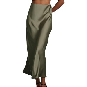 Women's Satin Maxi Skirt - High Waist A-Line Long Skirt for Elegant Office Wear Olive Green - 1 of 4