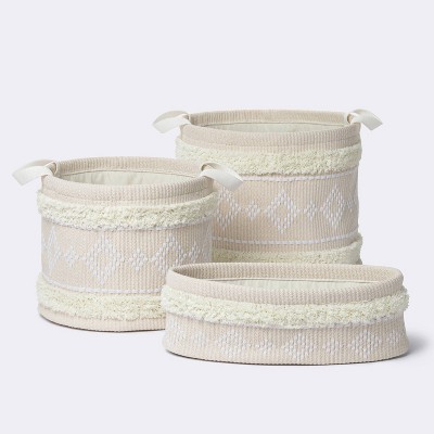 Khaki and Cream Tufted Fabric Oval Storage Basket