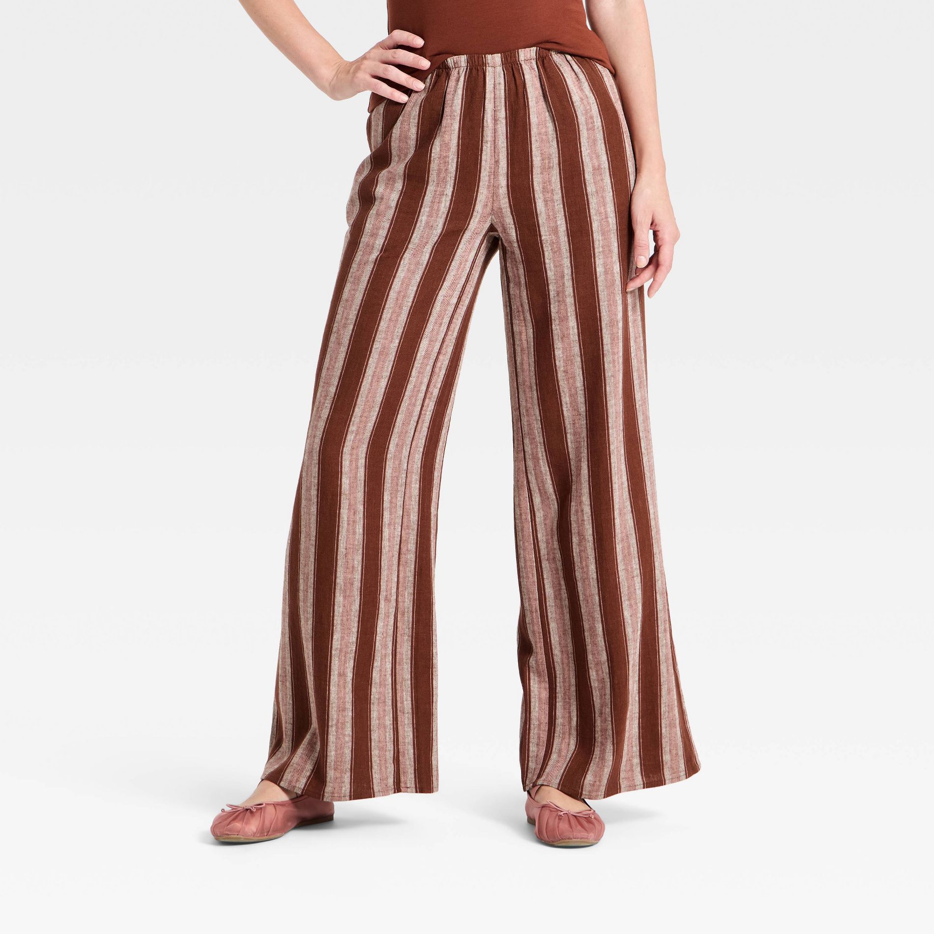 Women's Essential Linen Pull-On Pants - A New Day™ Brown Striped