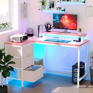 L Shaped Desk with Power Outlets & LED Lights, Computer Desk with Drawers & Shelves, Corner Desk Gaming Desk Home Office Desk - 1 of 4