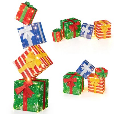 Tangkula 48" Lighted Stacked Gift Boxes Light up Box Tower Christmas Decorations