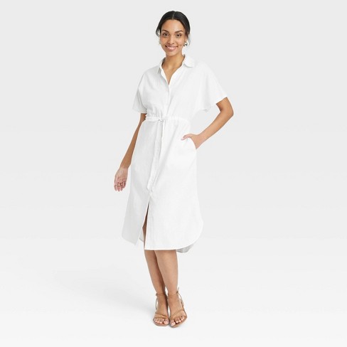 Women's Short Sleeve Linen Midi Shirtdress - A New Day™ White S