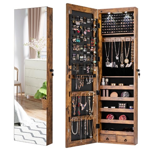 Jewelry Organizer Cabinet, Hanging Jewelry Armoire Organizer with Mirror&LED Lights, Rustic Wall-Mounted Jewelry Storage Organizer, Lockable Mirrored