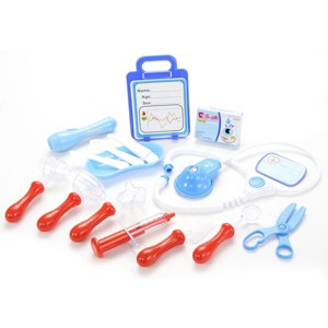 JuzToys 16pcs Hopital Doctor Kit with Light & Sound – Pretend Play Doctor Medical Tools Include Stethoscope, Syringe, ID Badge – Blue - 1 of 4