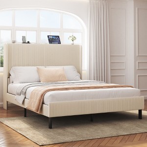 Kumasinova Full/Queen Bed Frame with Headboard,Metal Bed Frame with Charging Station,Sturdy Bed Frame Full/Queen Size Platform Design for Adults,Beige - 1 of 4