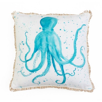 20"x20" Octopus Splatter Printed Faux Linen Loop Throw Pillow White/Blue - Decor Therapy