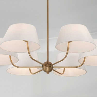 Aged Brass 6-Light Chandelier with White Fabric Drum Shades