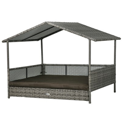 Charcoal Gray Elevated Wicker Outdoor Dog Bed with Canopy