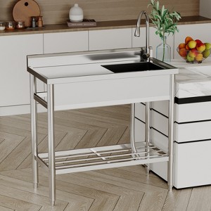 Freestanding Stainless Steel Utility Sink (36x21") – Single Bowl + Countertop/Storage Shelf | Commercial Kitchen & Laundry Use - 1 of 4