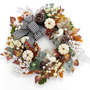 20 Inch Fall Wreath for Front Door, Autumn Maple Leaves Wreath with White Pumpkins Stripe Bow Farmhouse Decorations - 1 of 4