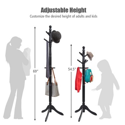 Adjustable Black Rubber Wood Coat Rack with 9 Hooks